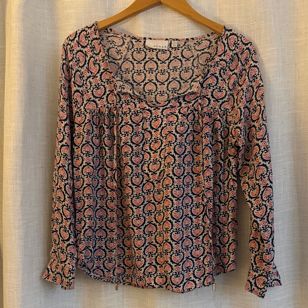 Kenar Pink & Navy Paisley-Print Long Sleeve Blouse